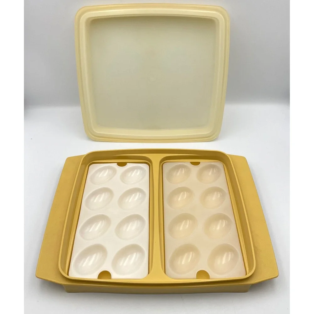 Vintage 1970s Tupperware 723-1 Deviled Egg Keeper Carrier Set of 2 Harvest Gold